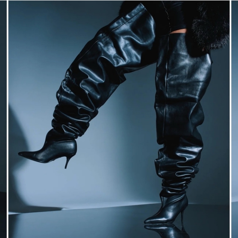 Over-the-Knee Slouch Leather Boots - Black